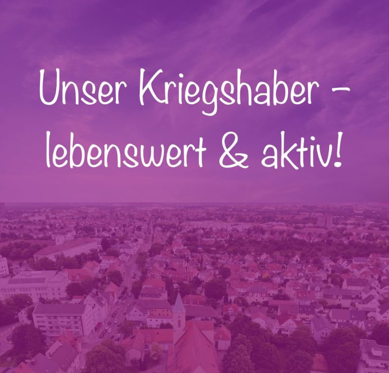 Slogan "Unser Kriegshaber – lebenswert & aktiv!" auf einer violetten, monochromen Luftaufnahme von Kriegshaber